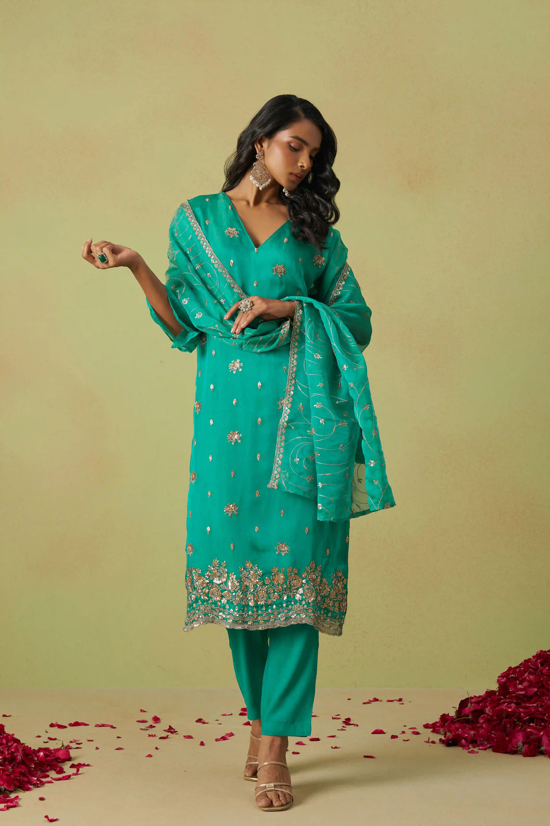Festive Shimmer Organza Suit | Rayon Bottom & Designer Embroidery Detailing