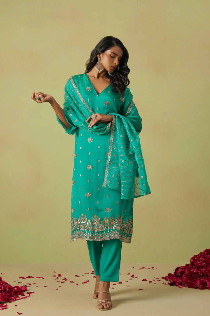 Festive Shimmer Organza Suit | Rayon Bottom & Designer Embroidery Detailing