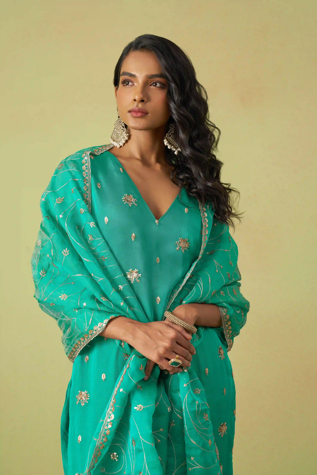 Festive Shimmer Organza Suit | Rayon Bottom & Designer Embroidery Detailing