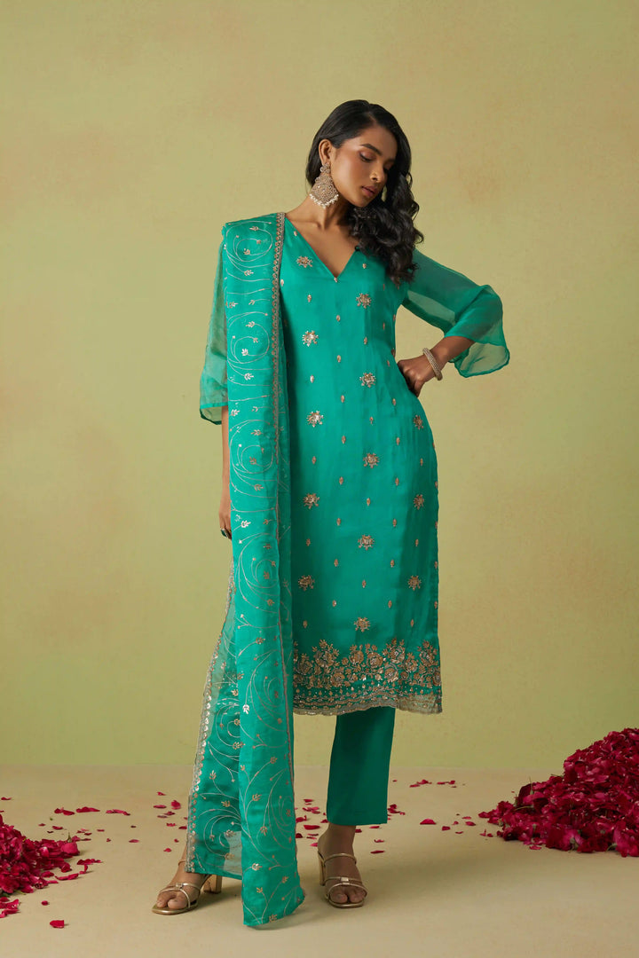Festive Shimmer Organza Suit | Rayon Bottom & Designer Embroidery Detailing