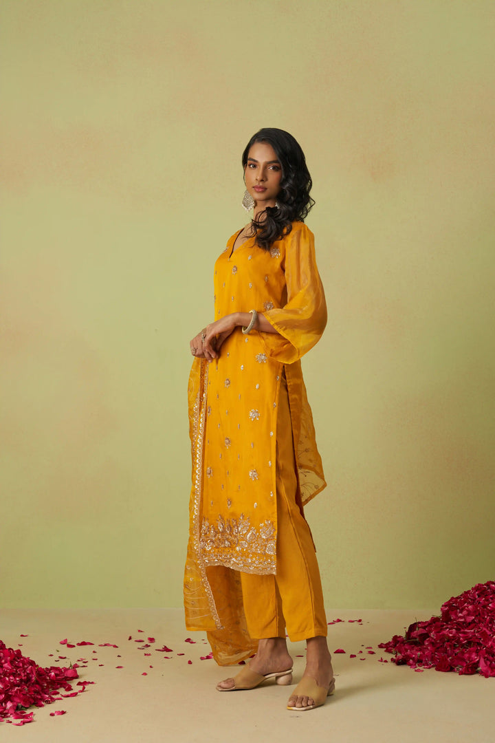 Festive Shimmer Organza Suit | Rayon Bottom & Designer Embroidery Detailing