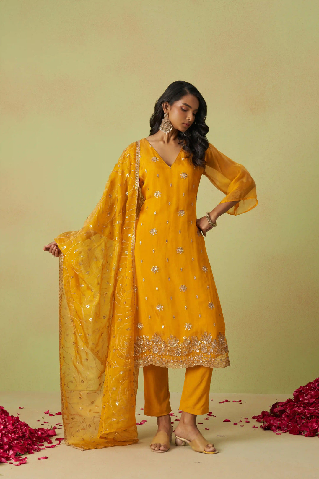 Festive Shimmer Organza Suit | Rayon Bottom & Designer Embroidery Detailing