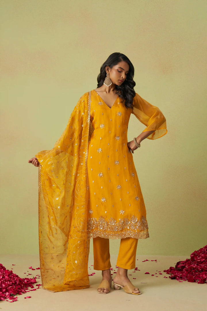 Festive Shimmer Organza Suit | Rayon Bottom & Designer Embroidery Detailing