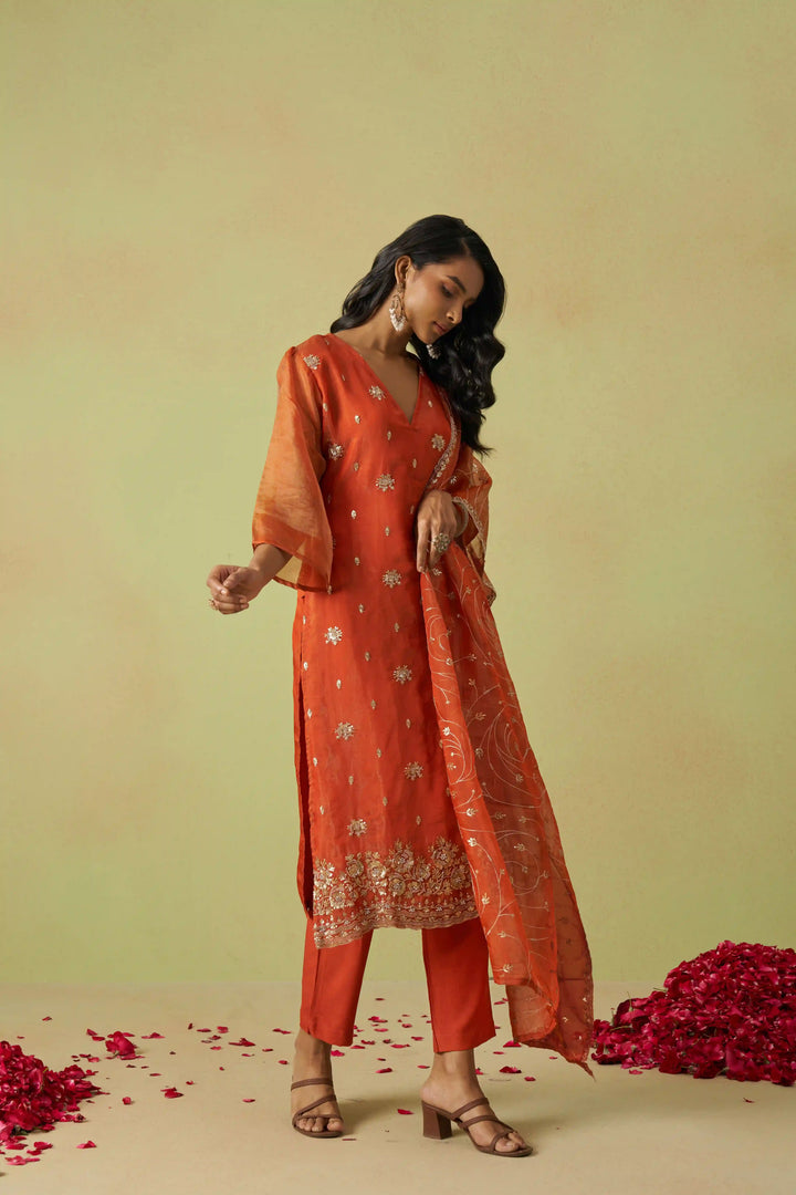 Festive Shimmer Organza Suit | Rayon Bottom & Designer Embroidery Detailing