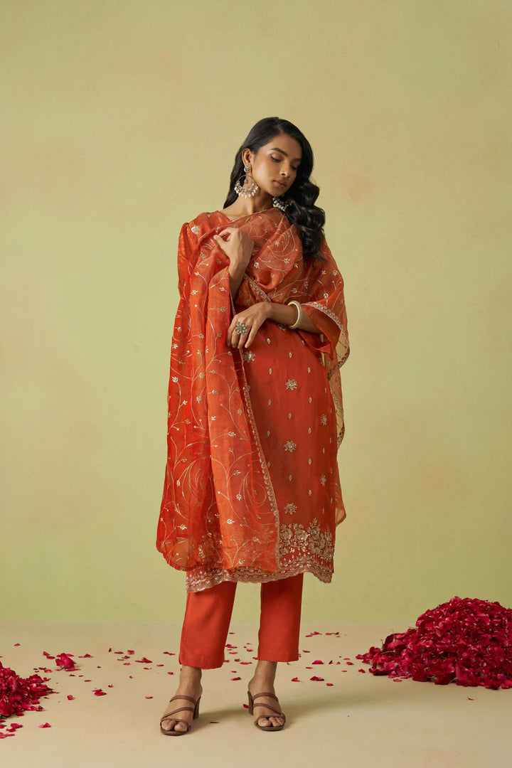 Festive Shimmer Organza Suit | Rayon Bottom & Designer Embroidery Detailing