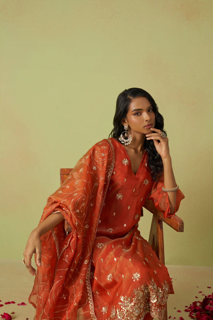 Festive Shimmer Organza Suit | Rayon Bottom & Designer Embroidery Detailing