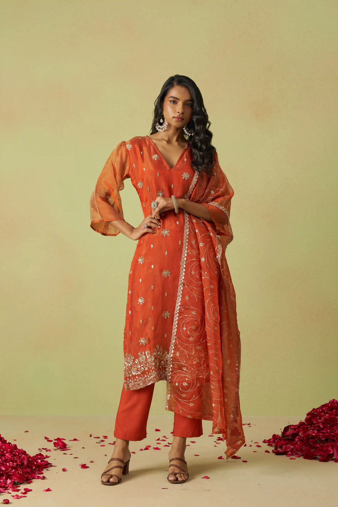 Festive Shimmer Organza Suit | Rayon Bottom & Designer Embroidery Detailing