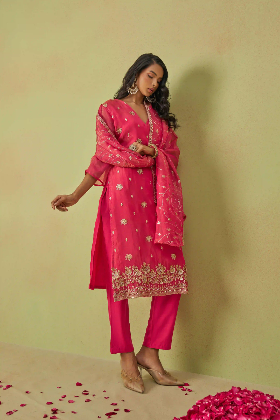 Festive Shimmer Organza Suit | Rayon Bottom & Designer Embroidery Detailing