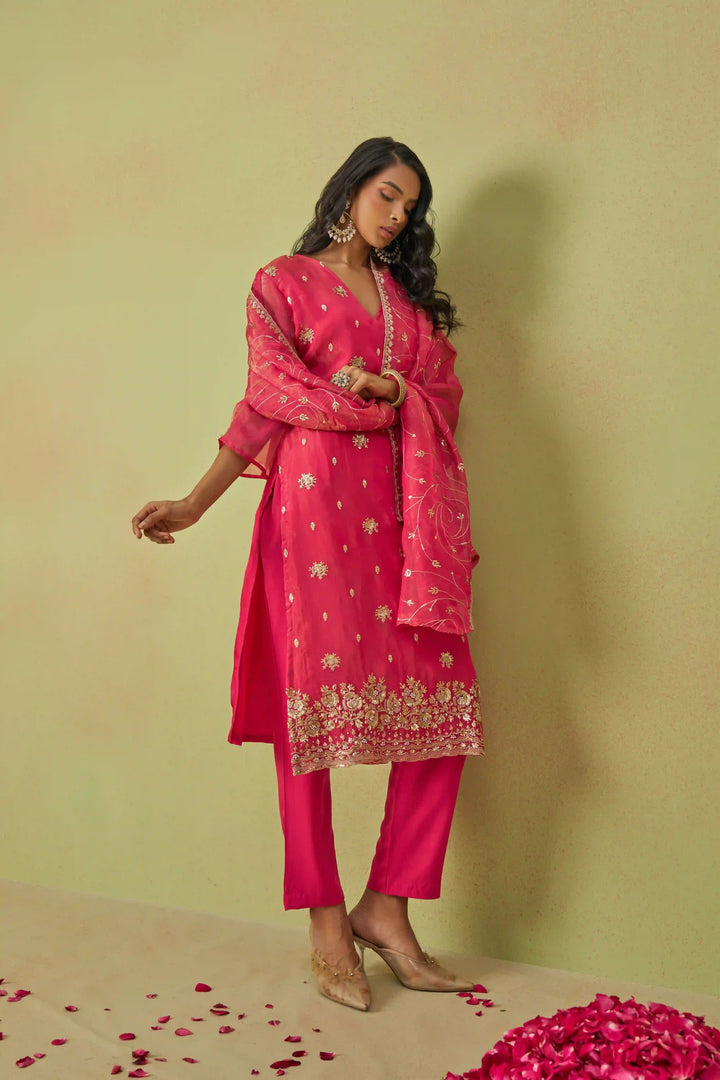 Festive Shimmer Organza Suit | Rayon Bottom & Designer Embroidery Detailing