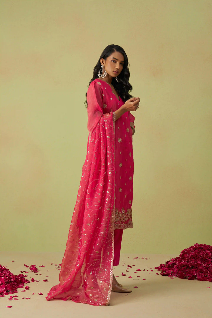 Festive Shimmer Organza Suit | Rayon Bottom & Designer Embroidery Detailing