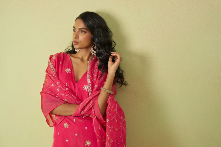 Festive Shimmer Organza Suit | Rayon Bottom & Designer Embroidery Detailing