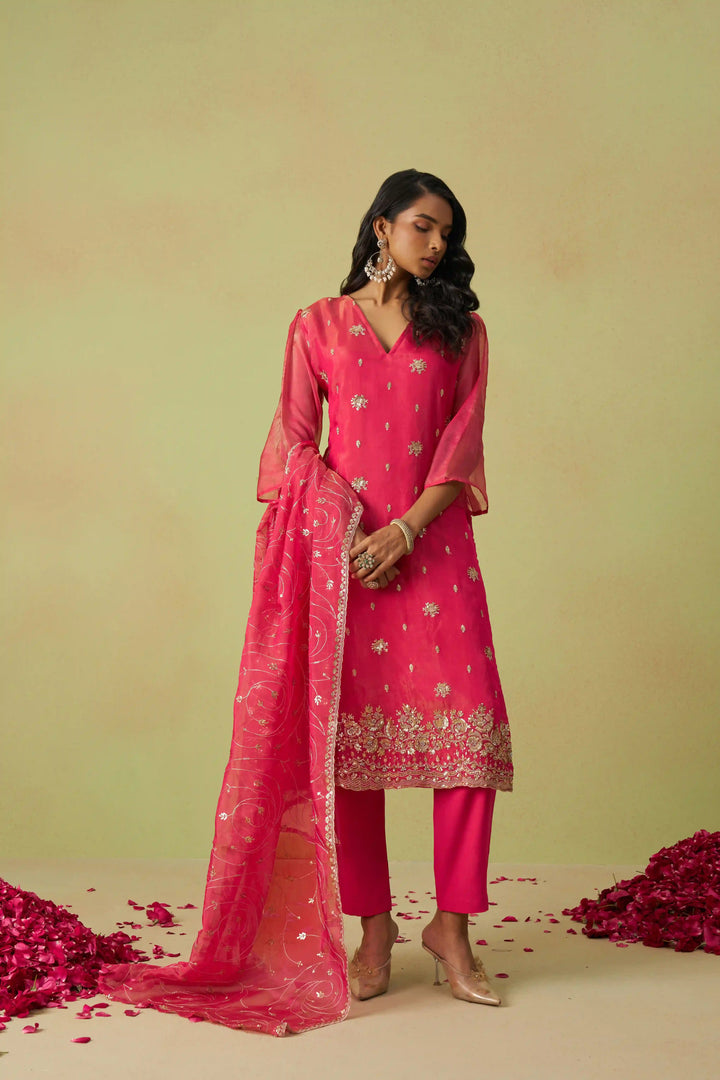 Festive Shimmer Organza Suit | Rayon Bottom & Designer Embroidery Detailing
