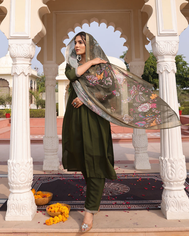 Elegant Mehendi Cotton Silk Suit | Floral Printed Dupatta & Embroidery