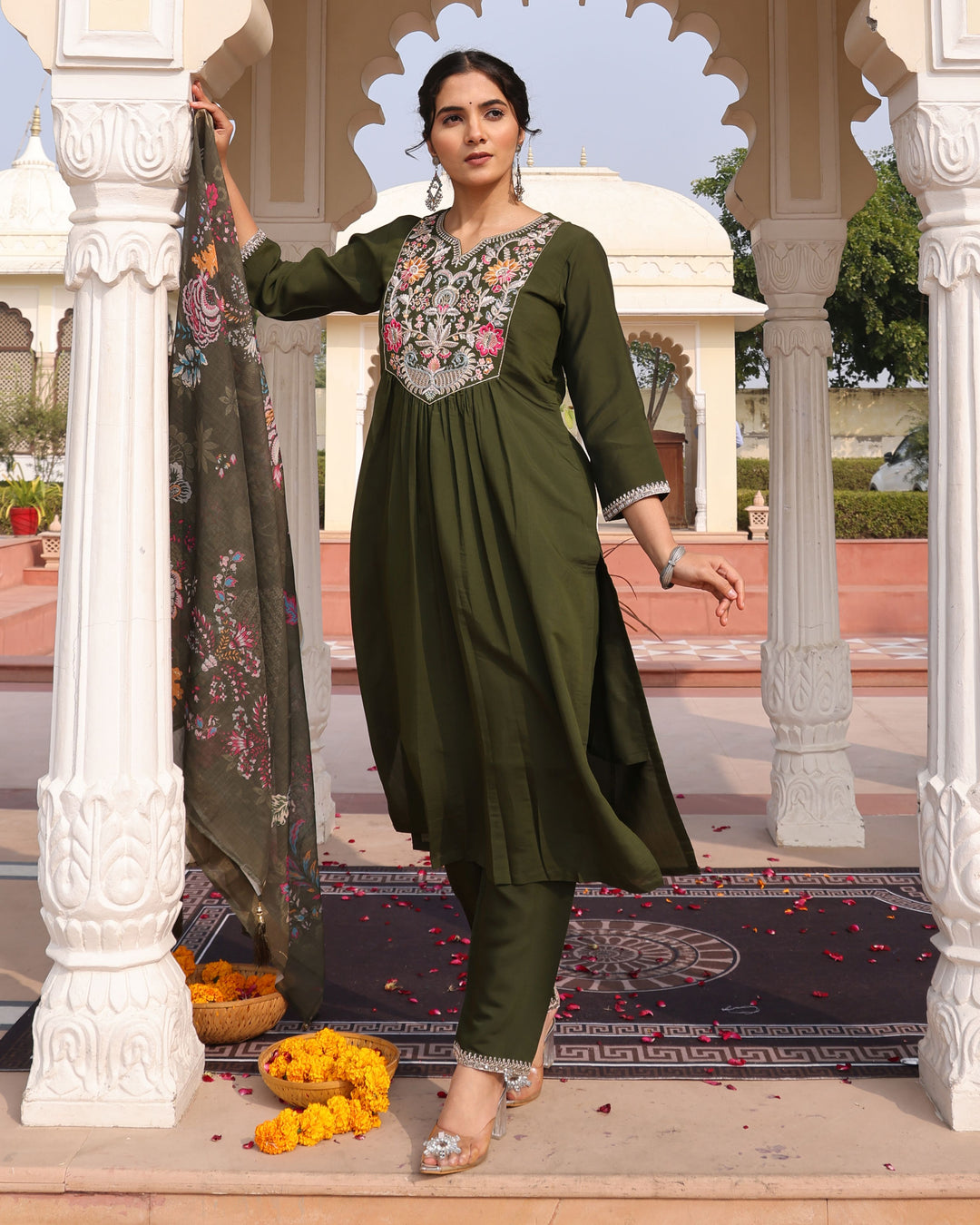 Elegant Mehendi Cotton Silk Suit | Floral Printed Dupatta & Embroidery