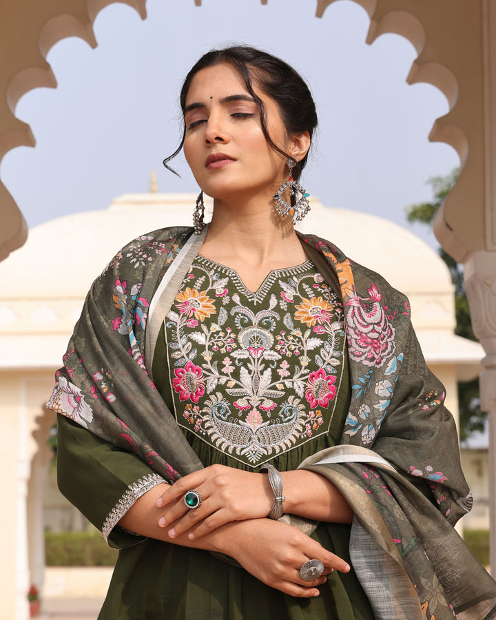 Elegant Mehendi Cotton Silk Suit | Floral Printed Dupatta & Embroidery