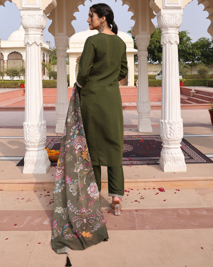 Elegant Mehendi Cotton Silk Suit | Floral Printed Dupatta & Embroidery