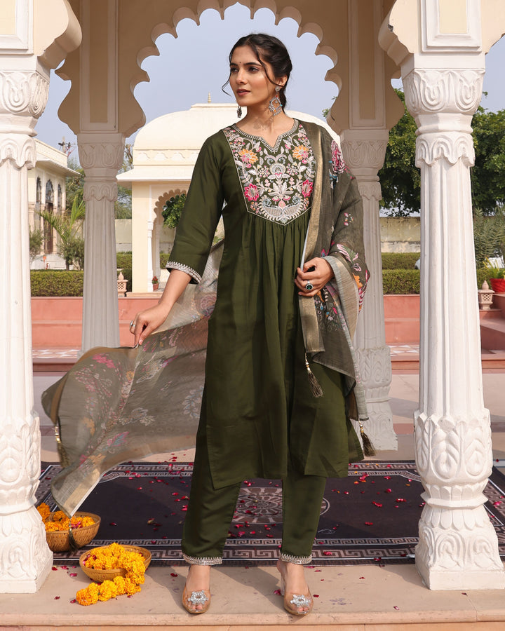 Elegant Mehendi Cotton Silk Suit | Floral Printed Dupatta & Embroidery
