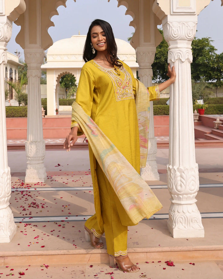 Trendy Cotton Silk Suit in Yellow | Floral Printed & Embroidered Work