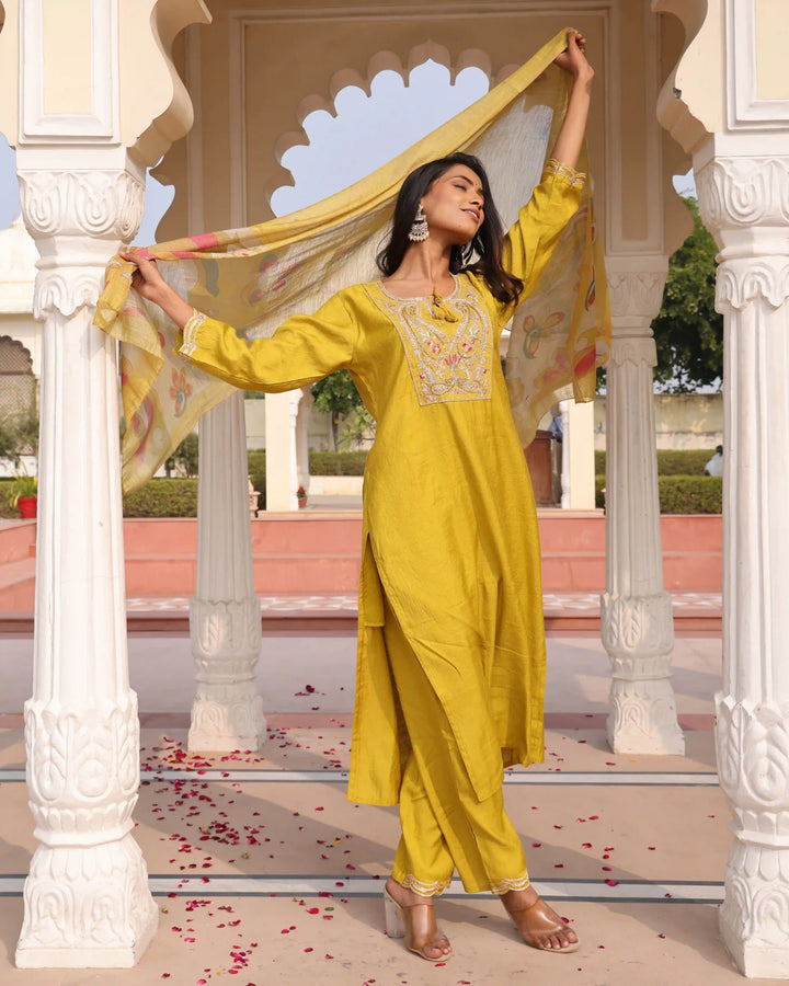 Trendy Cotton Silk Suit in Yellow | Floral Printed & Embroidered Work