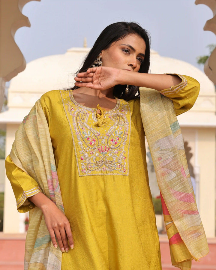 Trendy Cotton Silk Suit in Yellow | Floral Printed & Embroidered Work