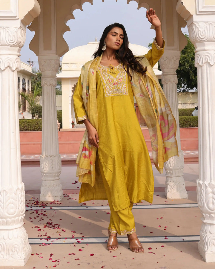 Trendy Cotton Silk Suit in Yellow | Floral Printed & Embroidered Work
