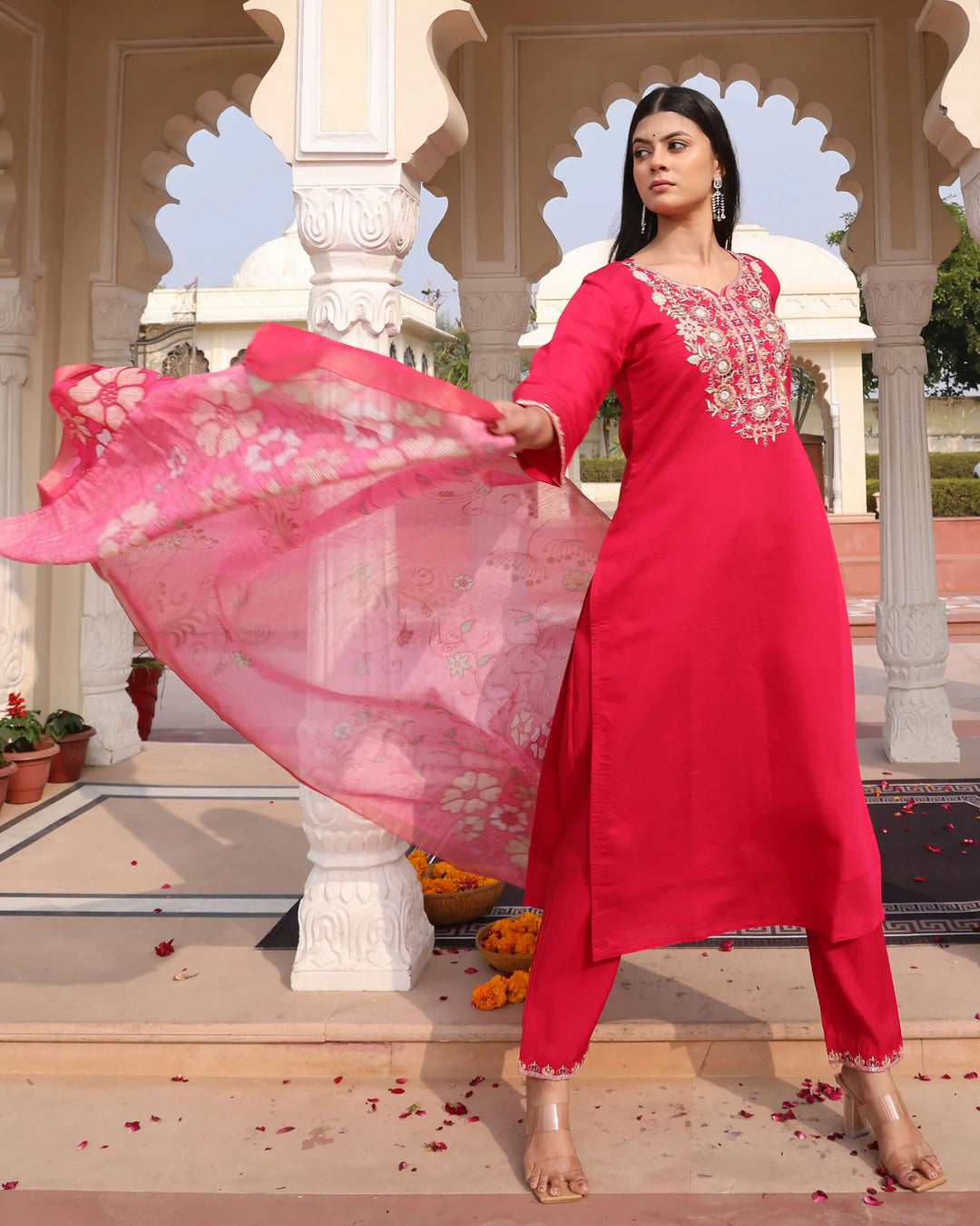 Rani Pink Cotton Silk Suit | Jequard Shimmer Dupatta with Embroidery Work