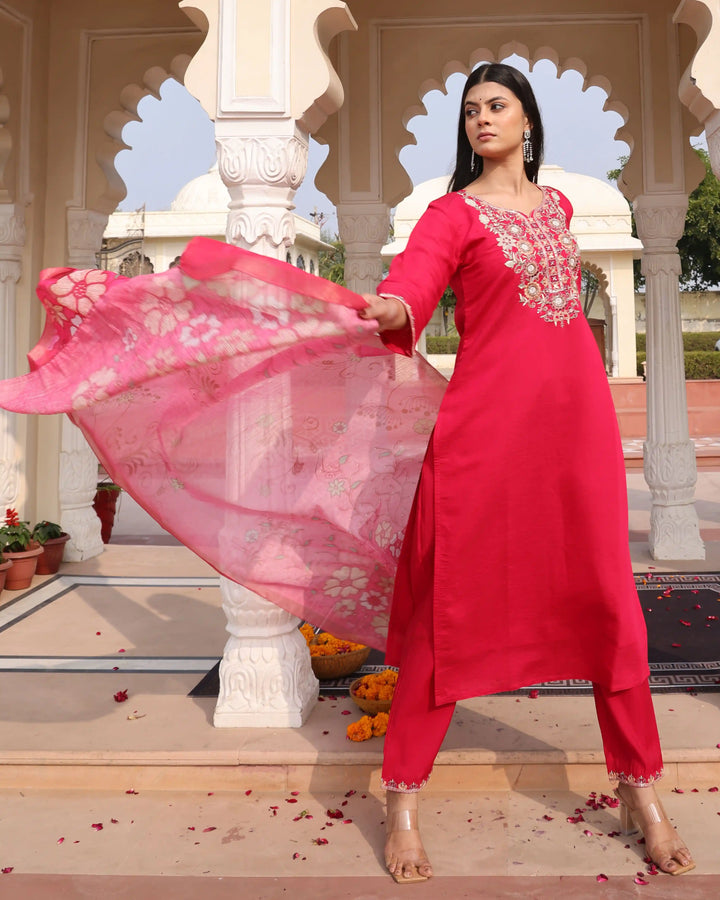 Rani Pink Cotton Silk Suit | Jequard Shimmer Dupatta with Embroidery Work