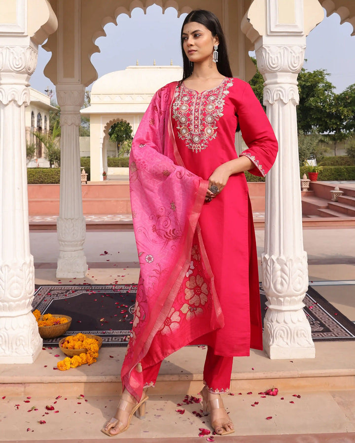 Rani Pink Cotton Silk Suit | Jequard Shimmer Dupatta with Embroidery Work