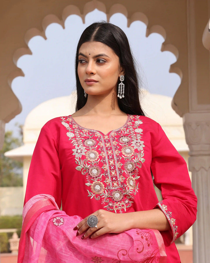 Rani Pink Cotton Silk Suit | Jequard Shimmer Dupatta with Embroidery Work