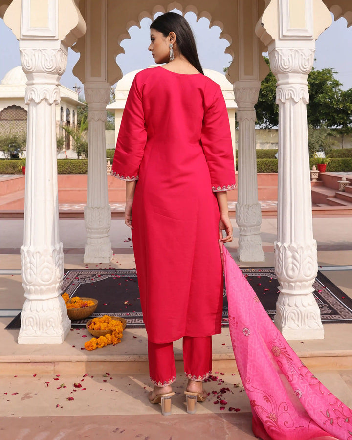 Rani Pink Cotton Silk Suit | Jequard Shimmer Dupatta with Embroidery Work
