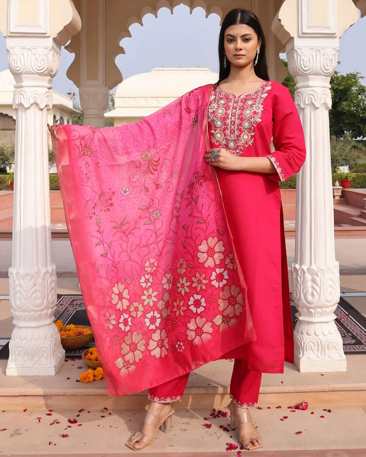 Rani Pink Cotton Silk Suit | Jequard Shimmer Dupatta with Embroidery Work