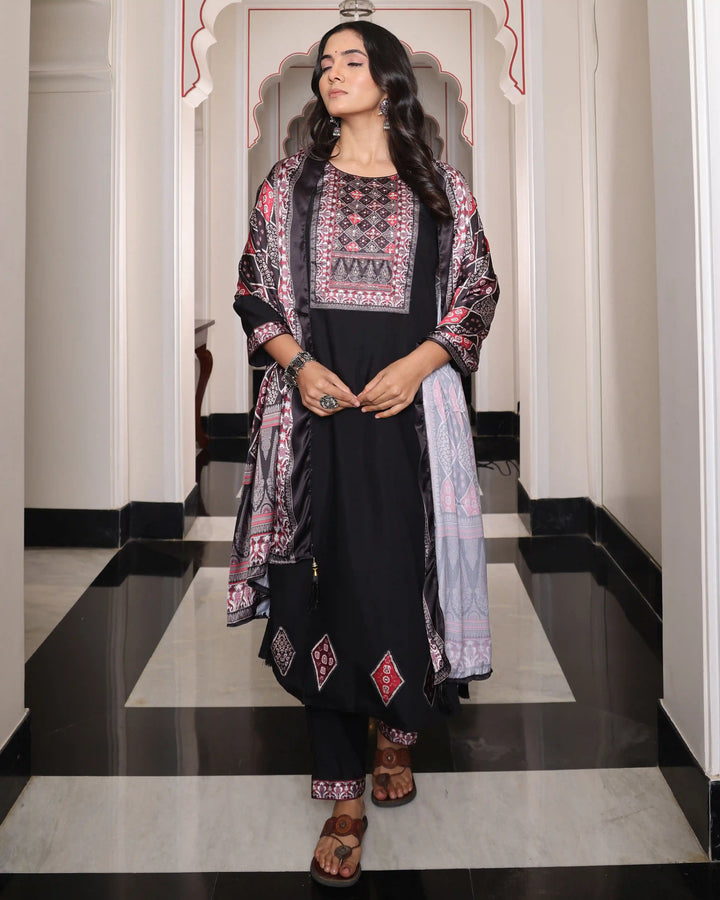 Stunning Black Festive Suit | Embroidery & Shimmer Silk Dupatta Set