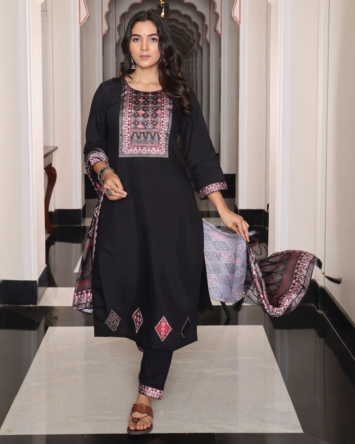 Stunning Black Festive Suit | Embroidery & Shimmer Silk Dupatta Set