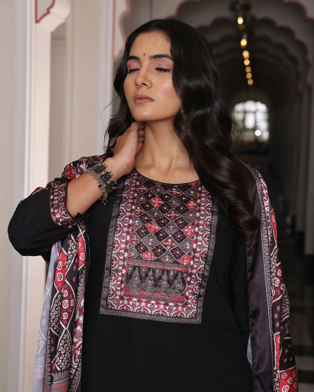 Stunning Black Festive Suit | Embroidery & Shimmer Silk Dupatta Set