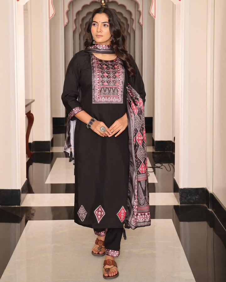 Stunning Black Festive Suit | Embroidery & Shimmer Silk Dupatta Set