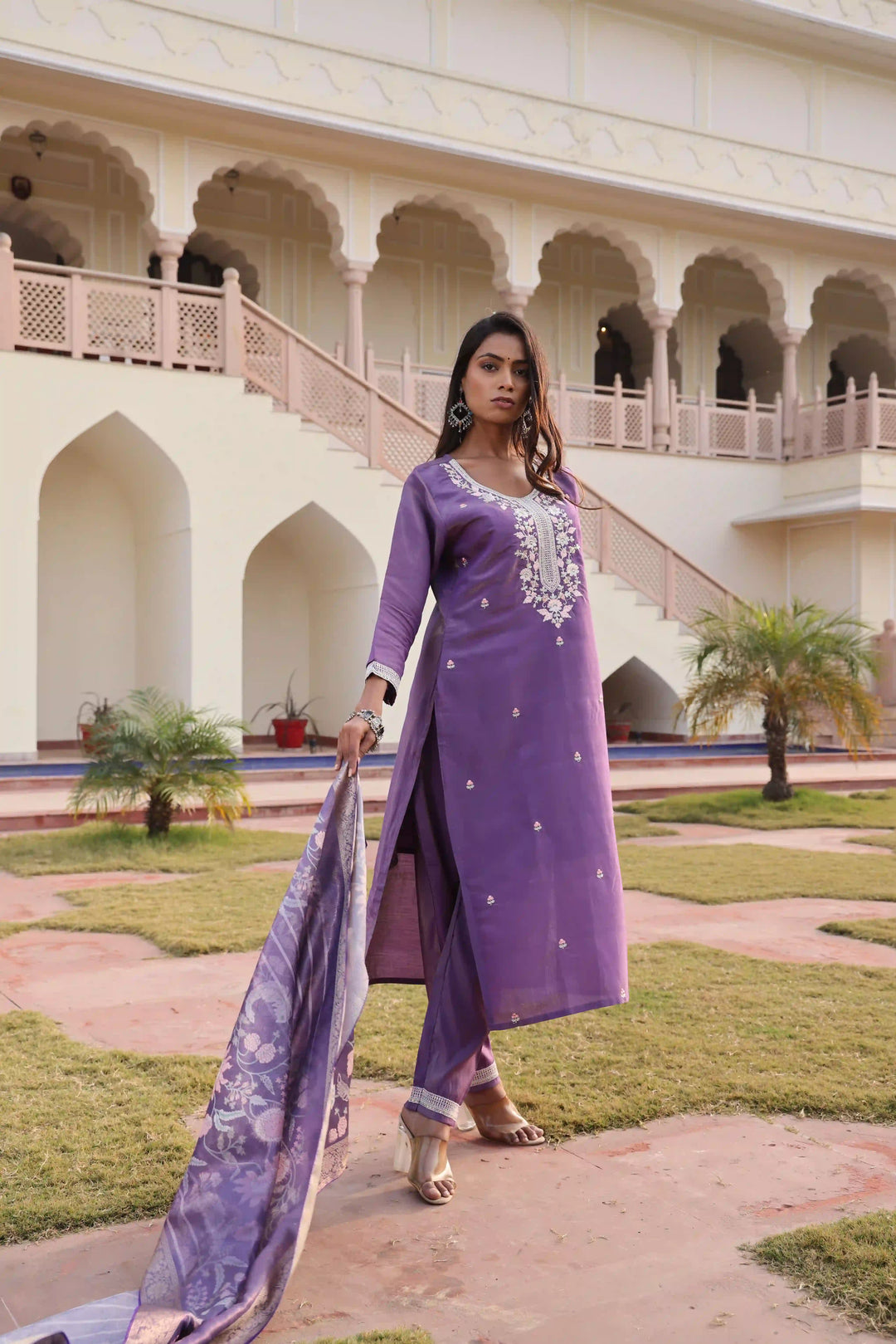 Luxurious Purple Silk Suit | Shimmer Fabric with Elegant Floral Work