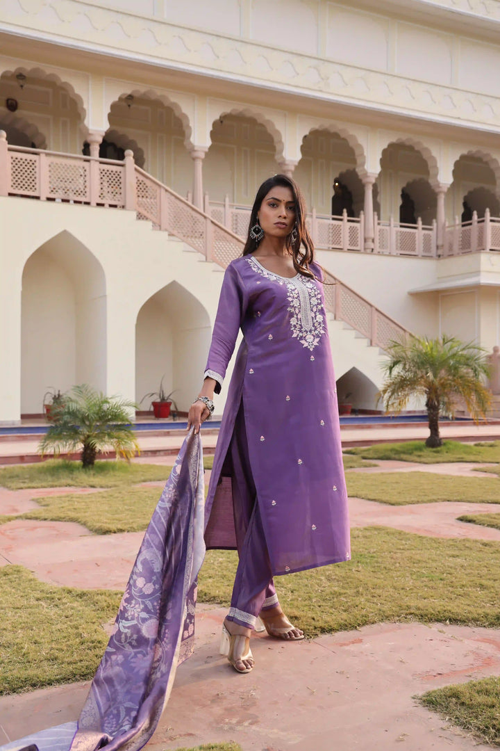 Luxurious Purple Silk Suit | Shimmer Fabric with Elegant Floral Work