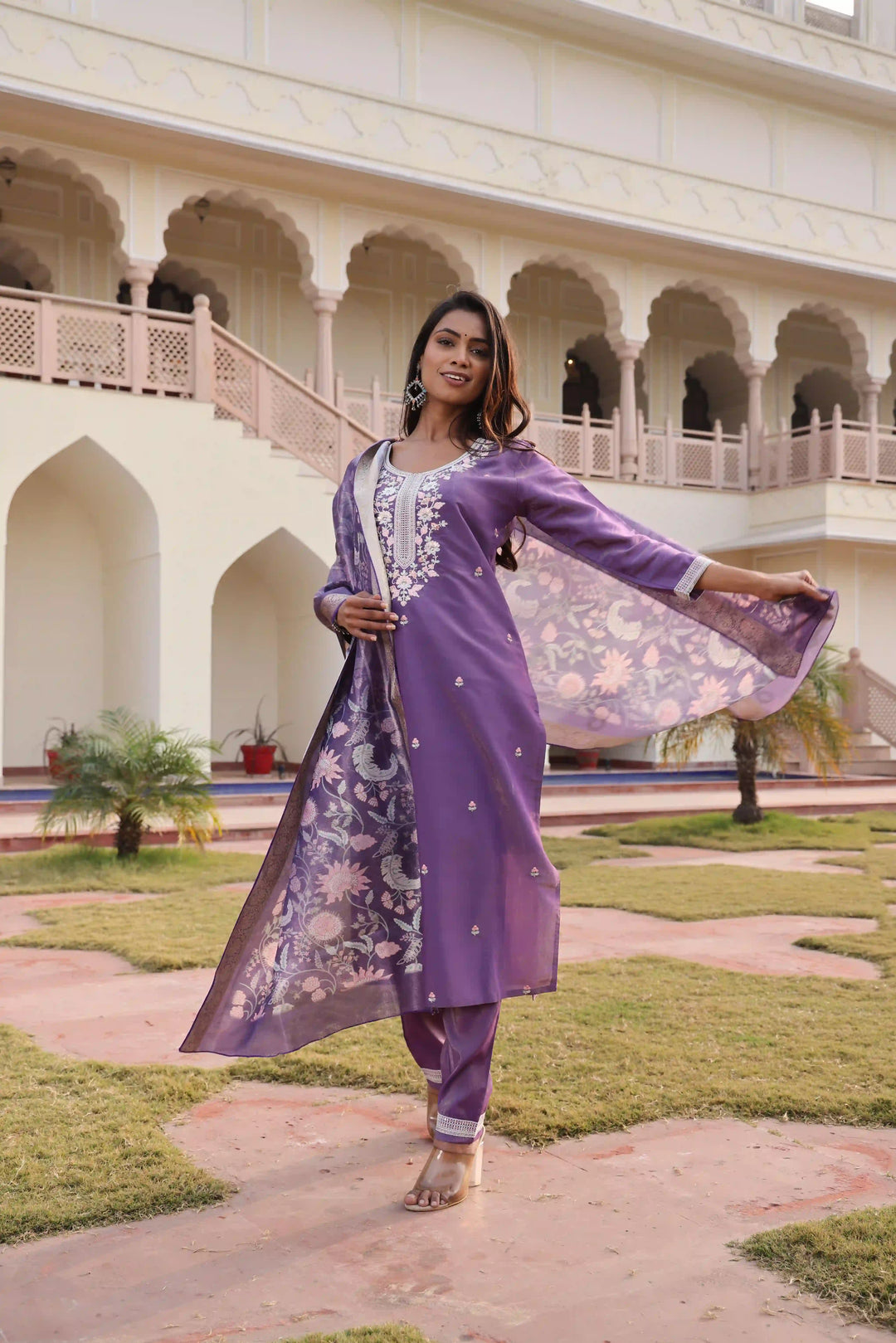 Luxurious Purple Silk Suit | Shimmer Fabric with Elegant Floral Work
