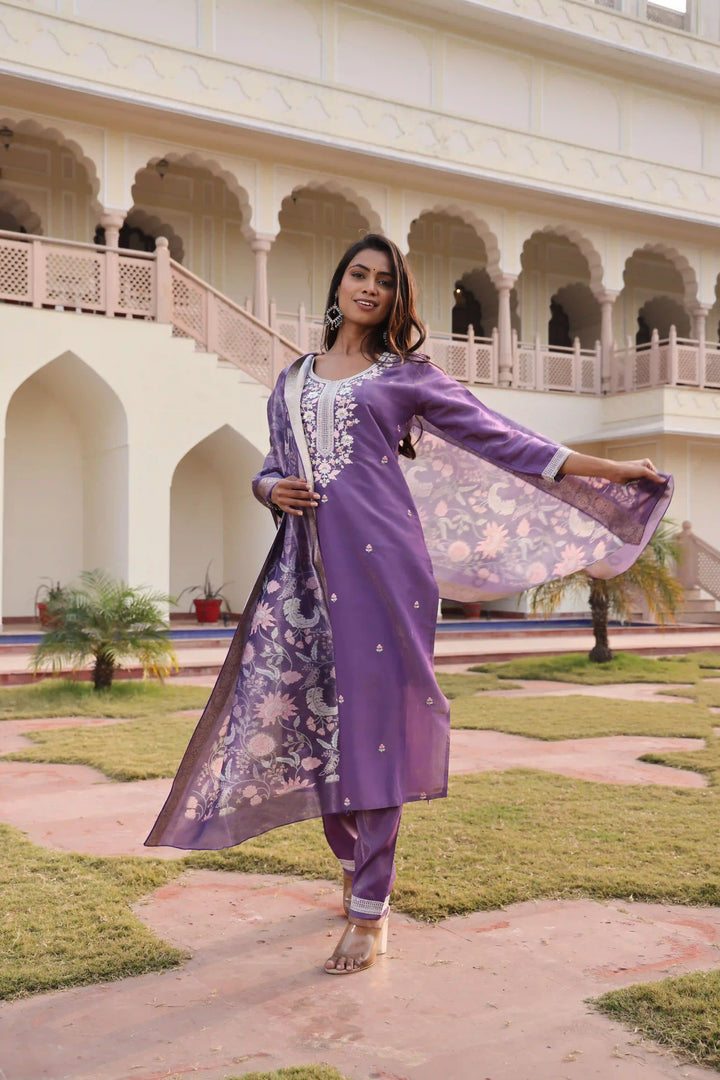 Luxurious Purple Silk Suit | Shimmer Fabric with Elegant Floral Work