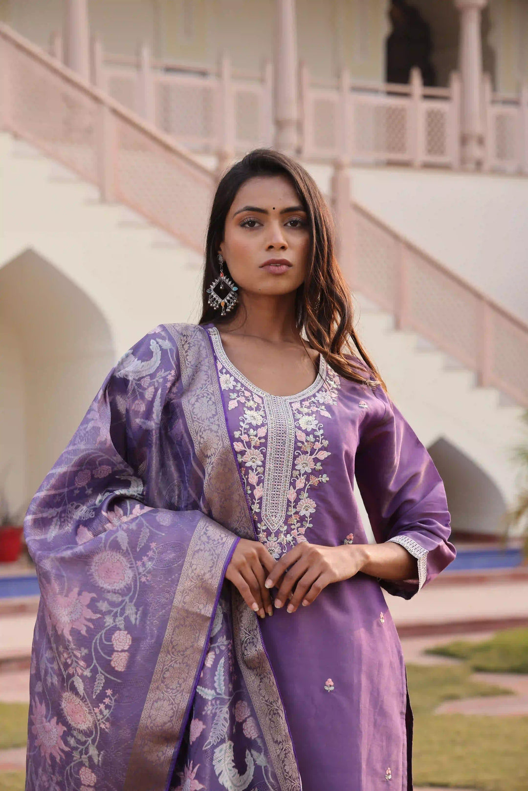 Luxurious Purple Silk Suit | Shimmer Fabric with Elegant Floral Work