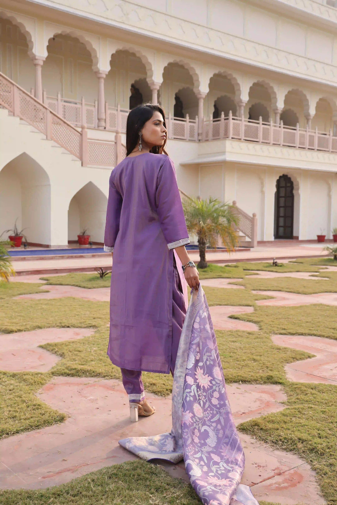 Luxurious Purple Silk Suit | Shimmer Fabric with Elegant Floral Work