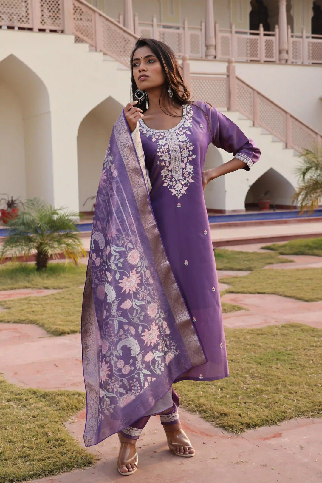Luxurious Purple Silk Suit | Shimmer Fabric with Elegant Floral Work
