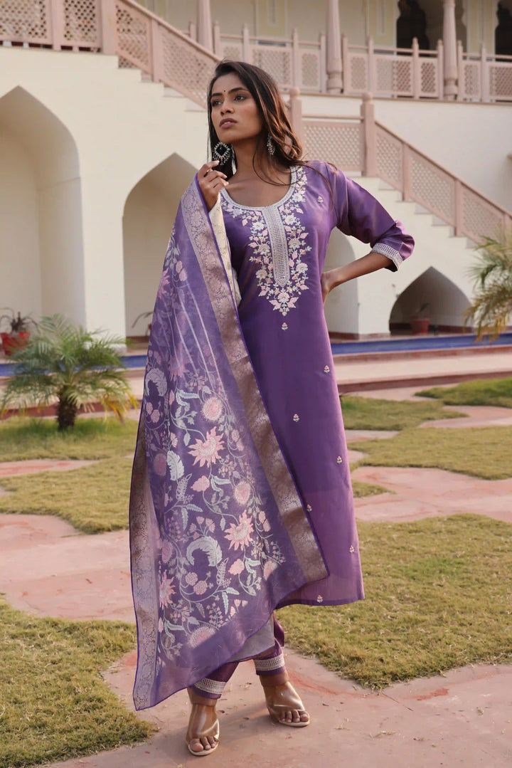 Luxurious Purple Silk Suit | Shimmer Fabric with Elegant Floral Work