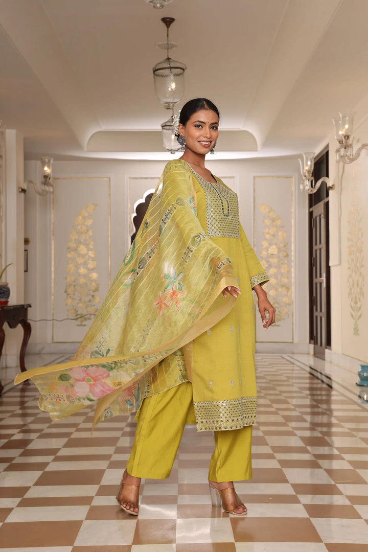 Light Yellow Cotton Silk Suit Set | Embroidery & Floral Printed Design