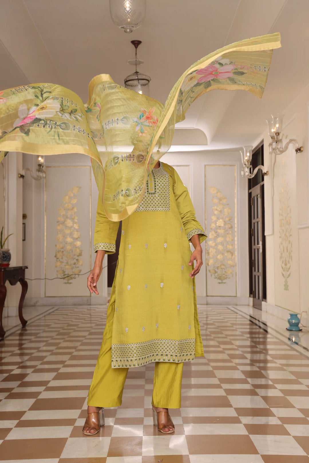 Light Yellow Cotton Silk Suit Set | Embroidery & Floral Printed Design