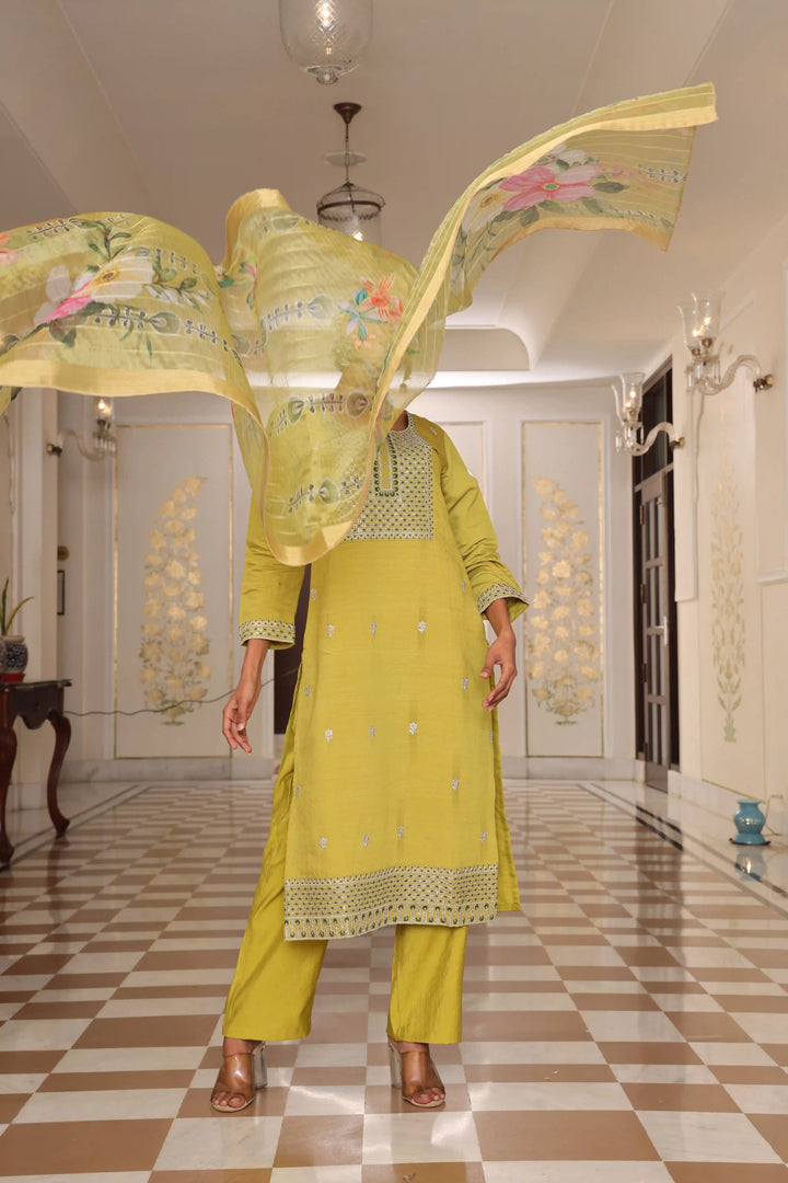 Light Yellow Cotton Silk Suit Set | Embroidery & Floral Printed Design