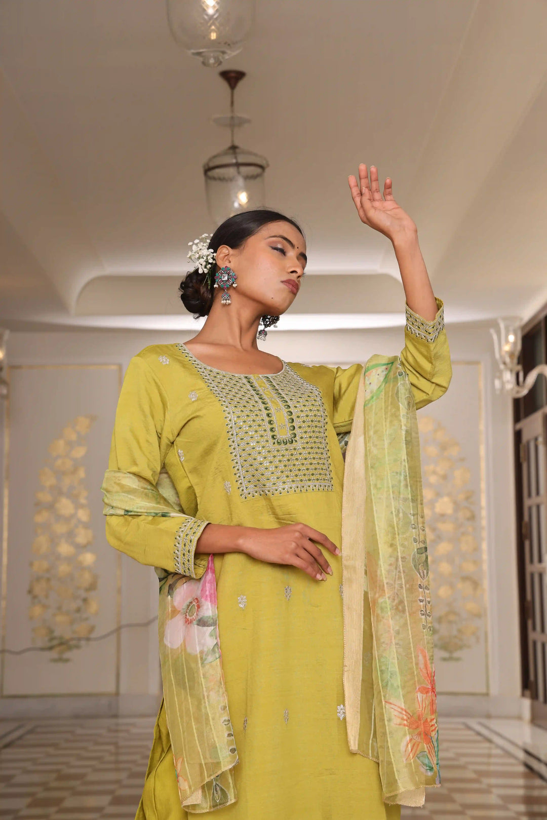 Light Yellow Cotton Silk Suit Set | Embroidery & Floral Printed Design