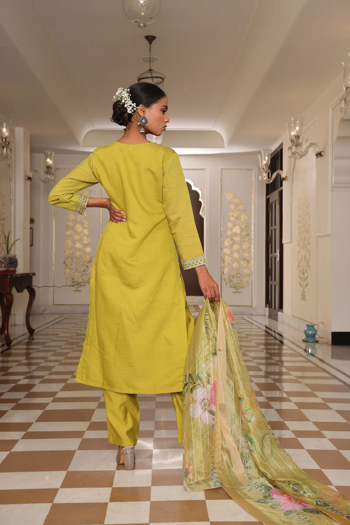 Light Yellow Cotton Silk Suit Set | Embroidery & Floral Printed Design