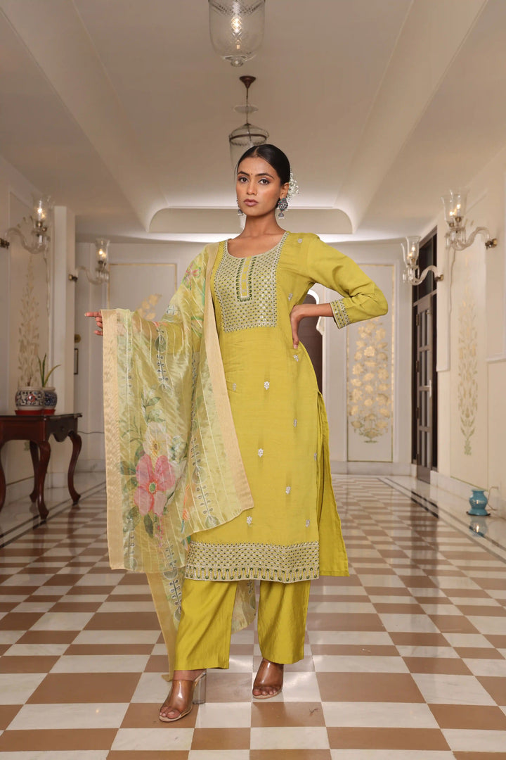 Light Yellow Cotton Silk Suit Set | Embroidery & Floral Printed Design