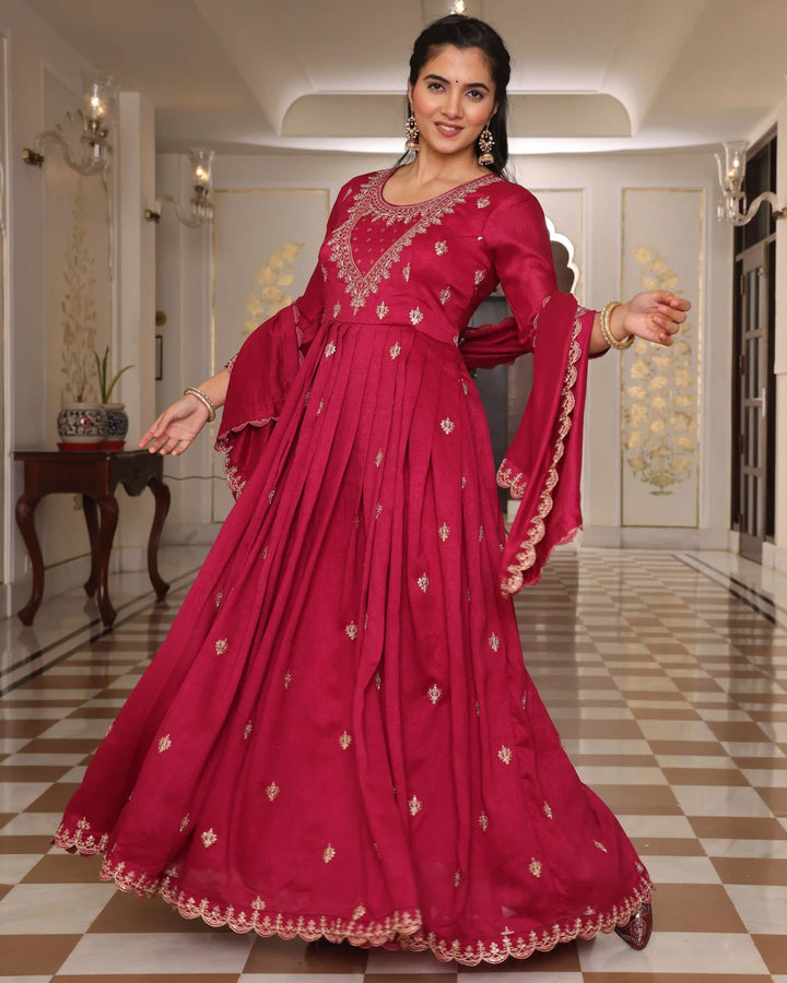 Wedding Special Soft Silk Suit | Rani Pink Embroidered Dupatta Set